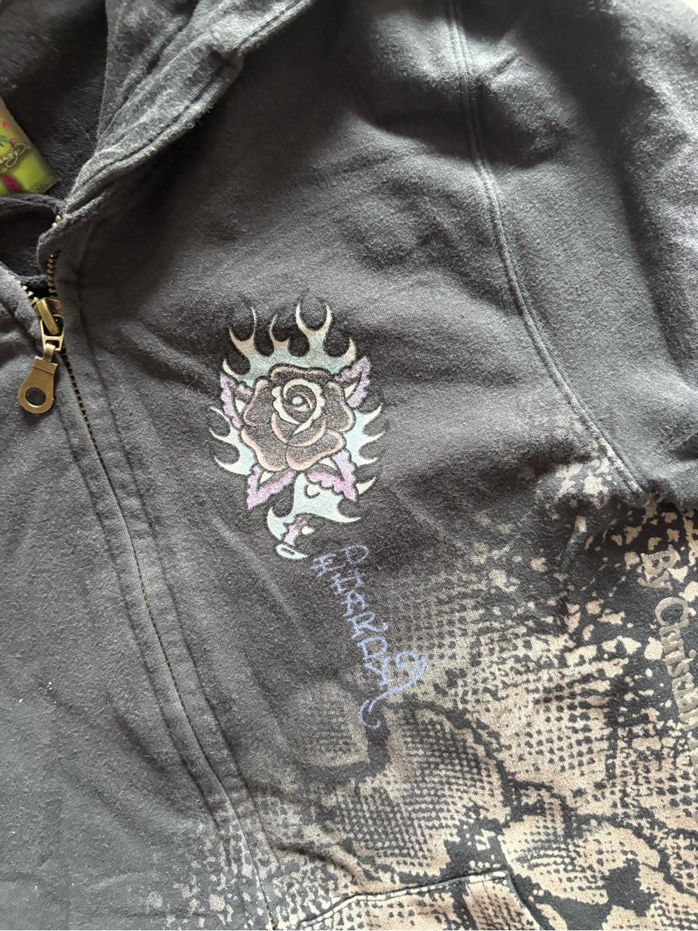 Ed Hardy Black Hoodie with Colorful Skull Rose Label